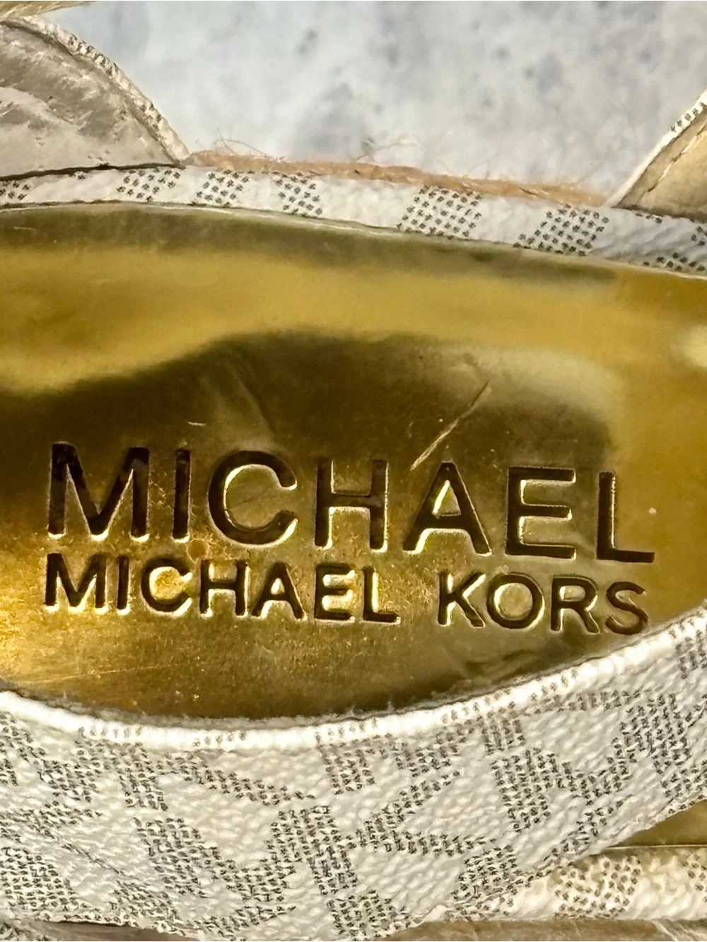 Michael Kors Damita Ivory White Logo  Zip Wedge Heels Sandals Sz 7.5M